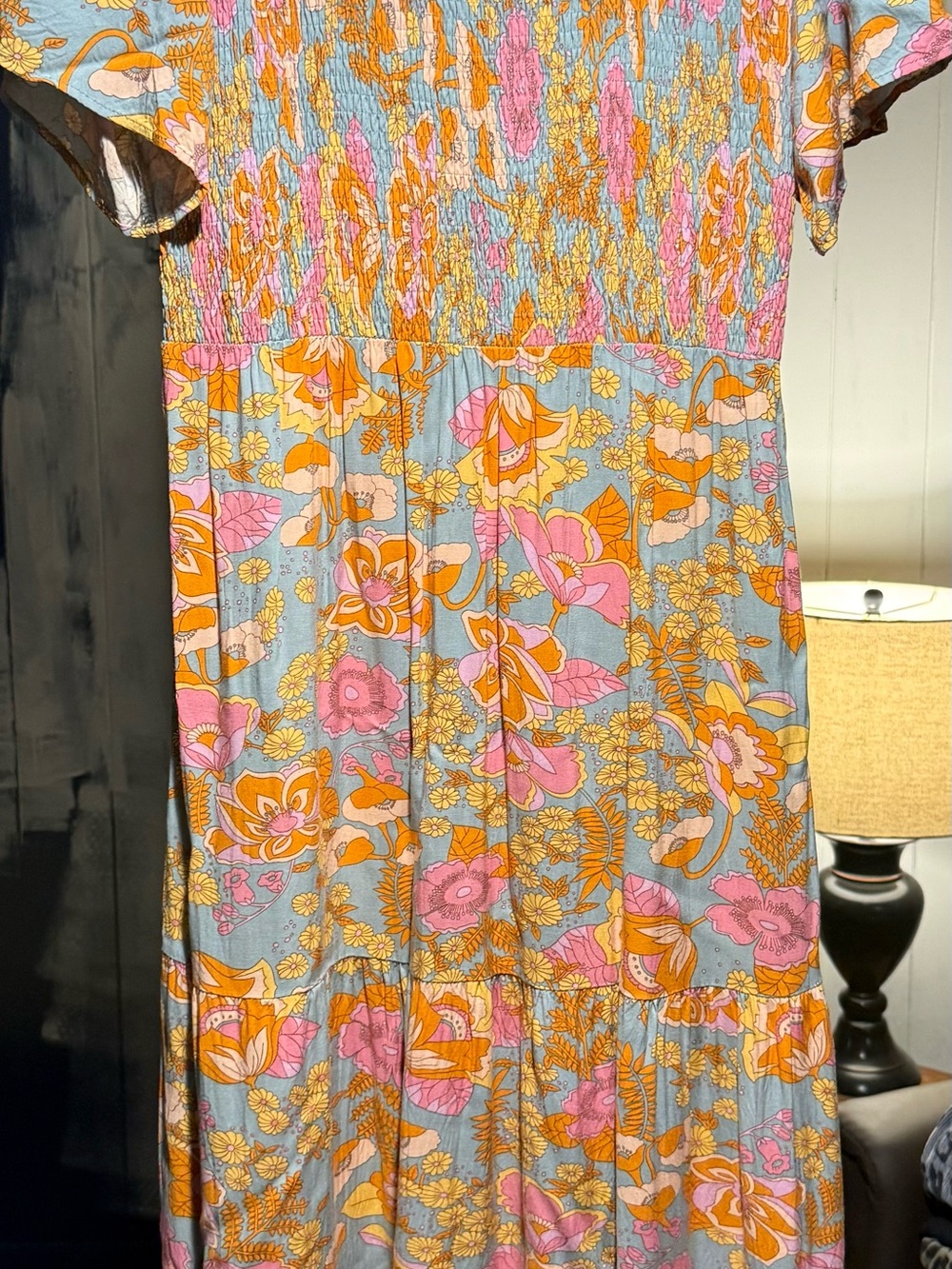 Floral Smocked Midi Dress — Pink & Orange
